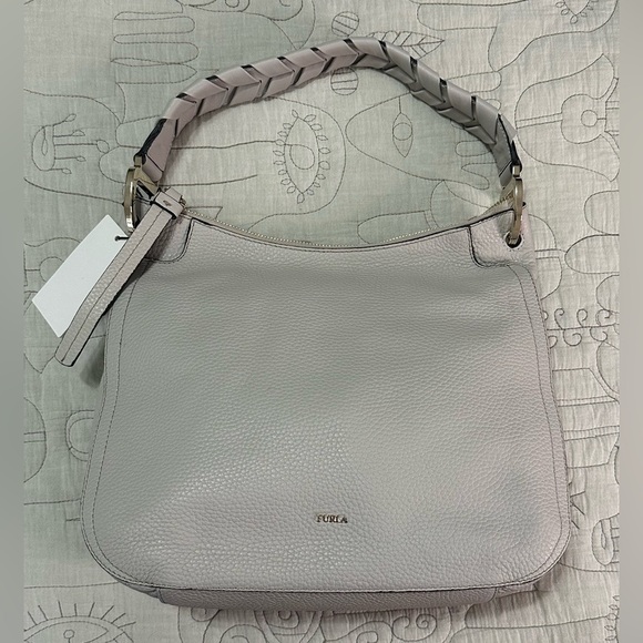 NEW Furla Rialto M Grained Leather Hobo Bag Beige Braided Strap Gold Hardware - Picture 1 of 12